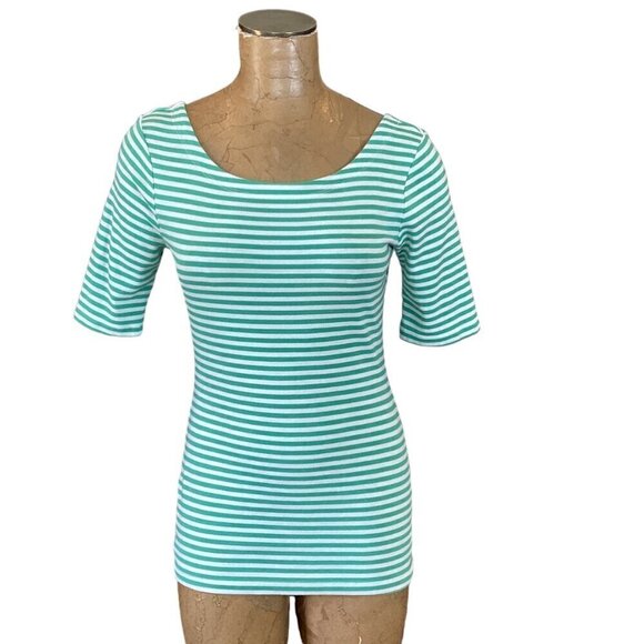 Banana Republic Green & White Striped Tee Top Half-Sleeve Boat Neck Sz M #113T - Picture 3 of 8